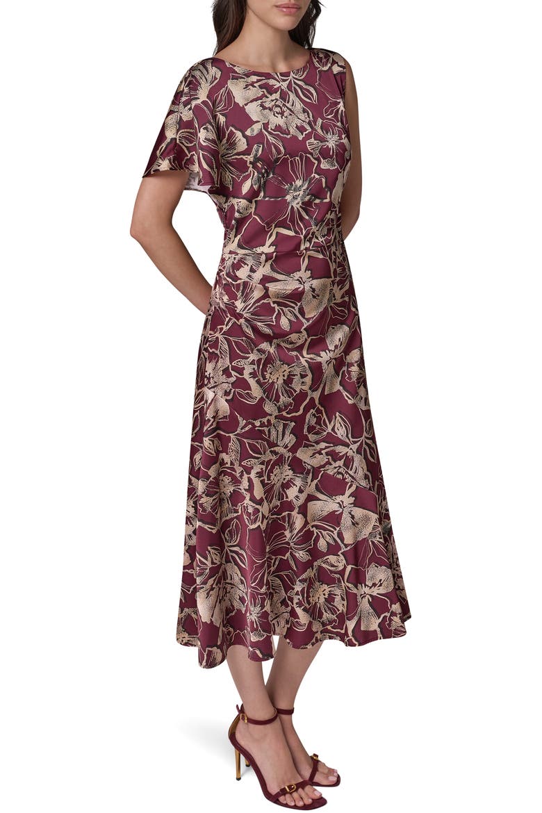 Floral Asymmetrical Sleeve Midi Dress, Alternate, color, BLACK/ CHERRY