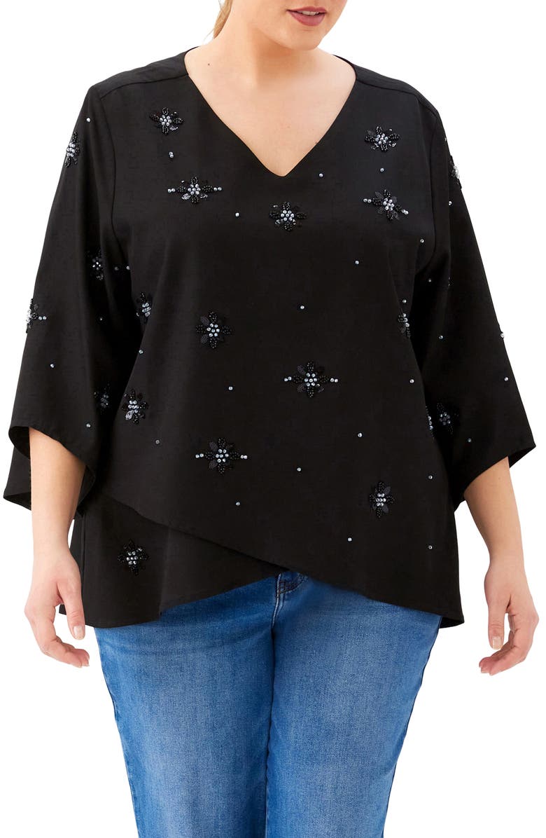 Karen Kane Embellished Asymmetric Hem Top, Main, color, Black