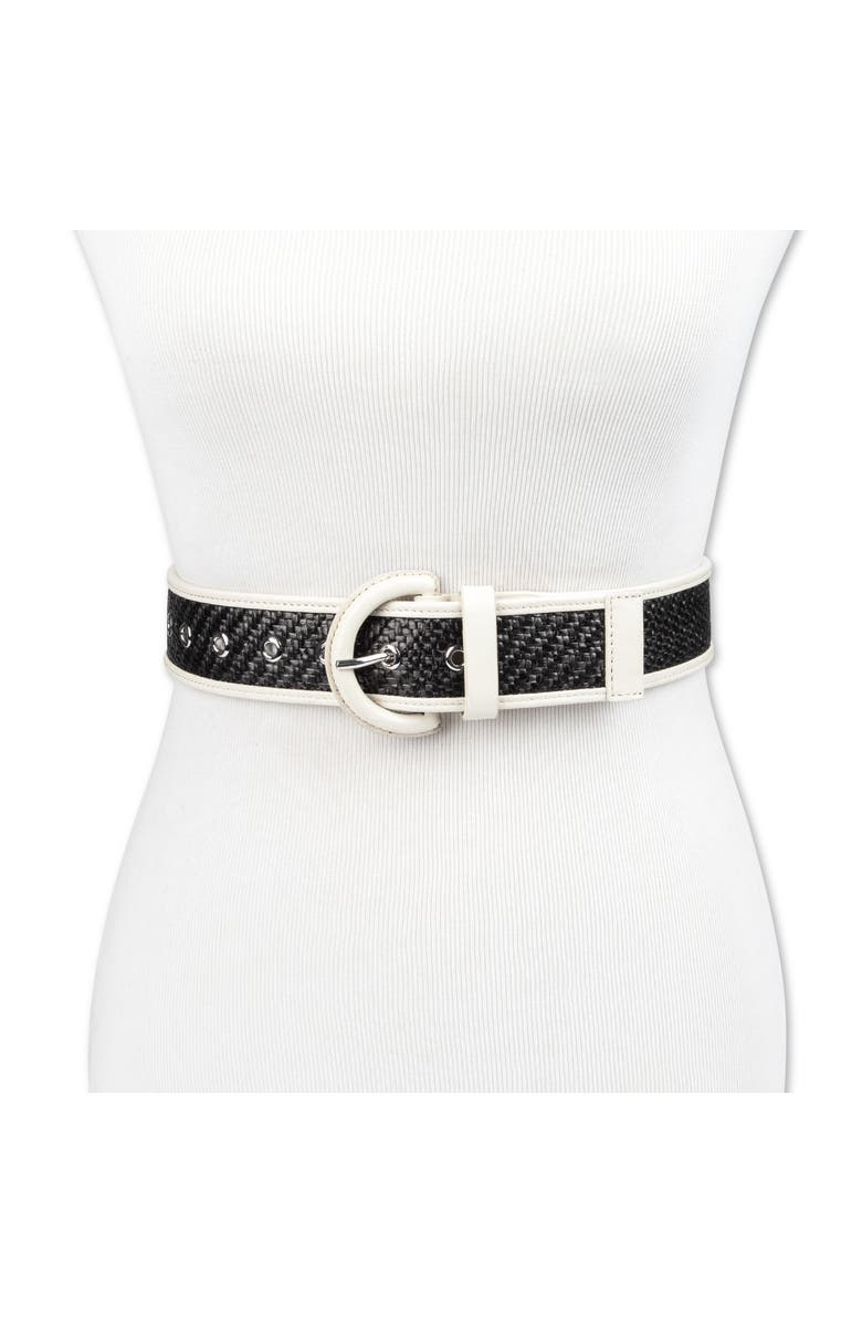 Cole Haan Leather Trim Raffia Belt, Alternate, color, Natural / Black