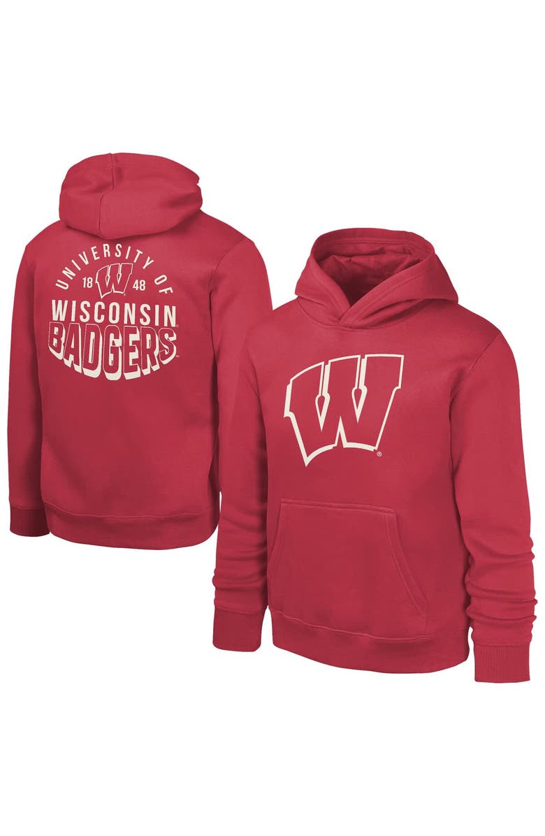 Outerstuff Youth Red Wisconsin Badgers Team Banner Fleece Pullover Hoodie, Alternate, color,