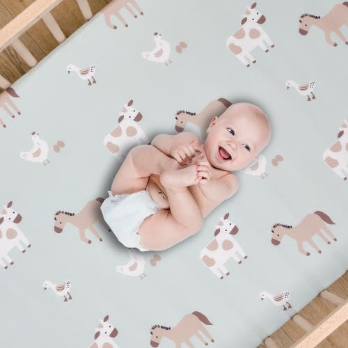Bedtime Originals Farmyard Friends Sage Green Baby Nursery Fitted Crib Sheet In Blue
