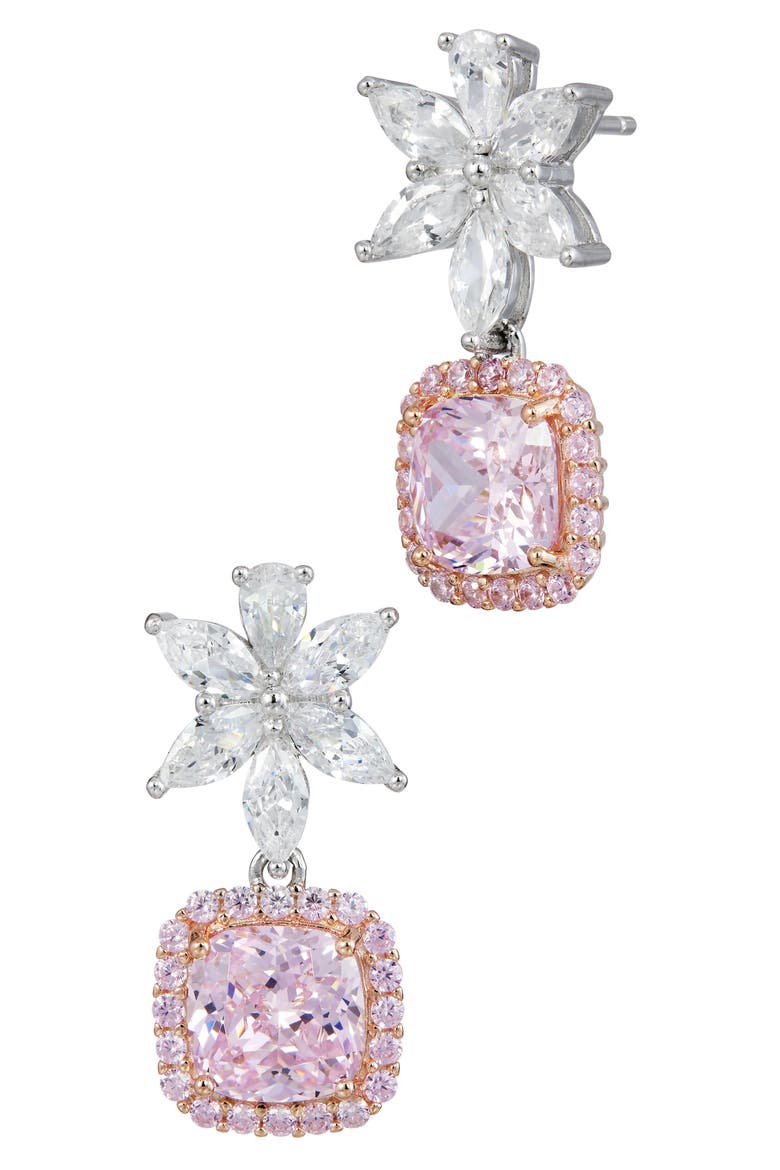 Cubic Zirconia Flower Cushion Drop Earrings, Main, color, FANCY PINK