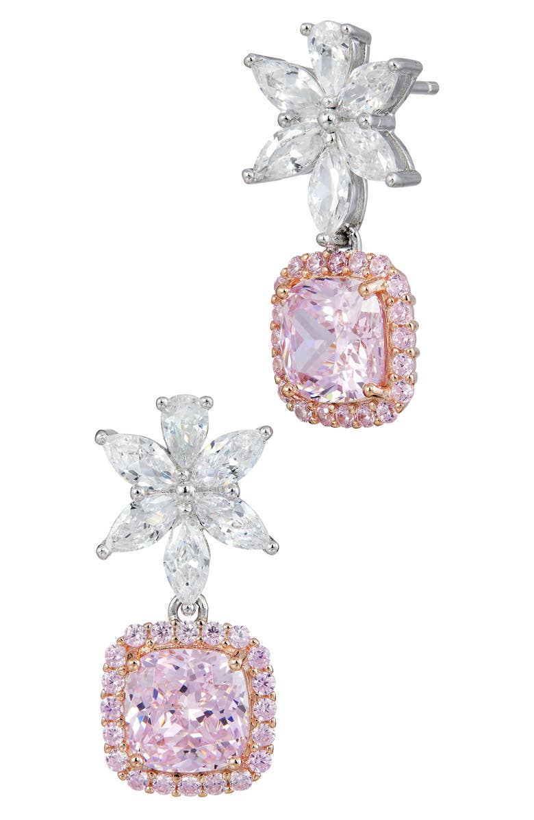 SAVVY CIE JEWELS Cubic Zirconia Flower Cushion Drop Earrings, Main, color, Fancy Pink