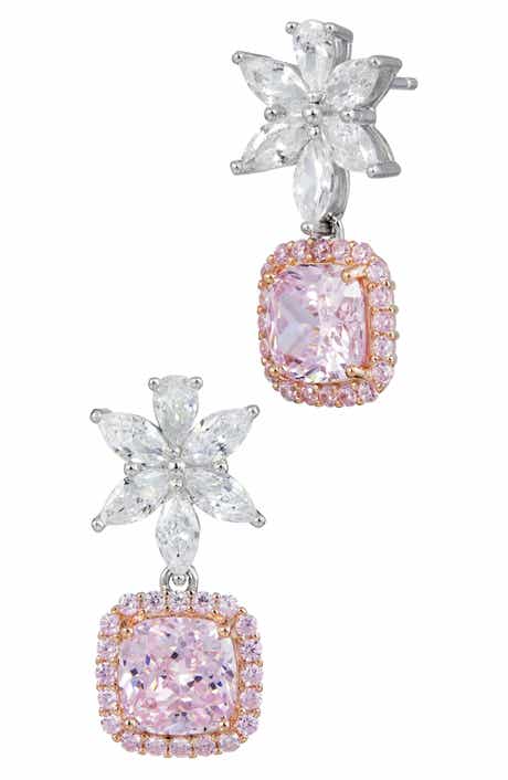 SAVVY CIE JEWELS Cubic Zirconia Flower Cushion Drop Earrings