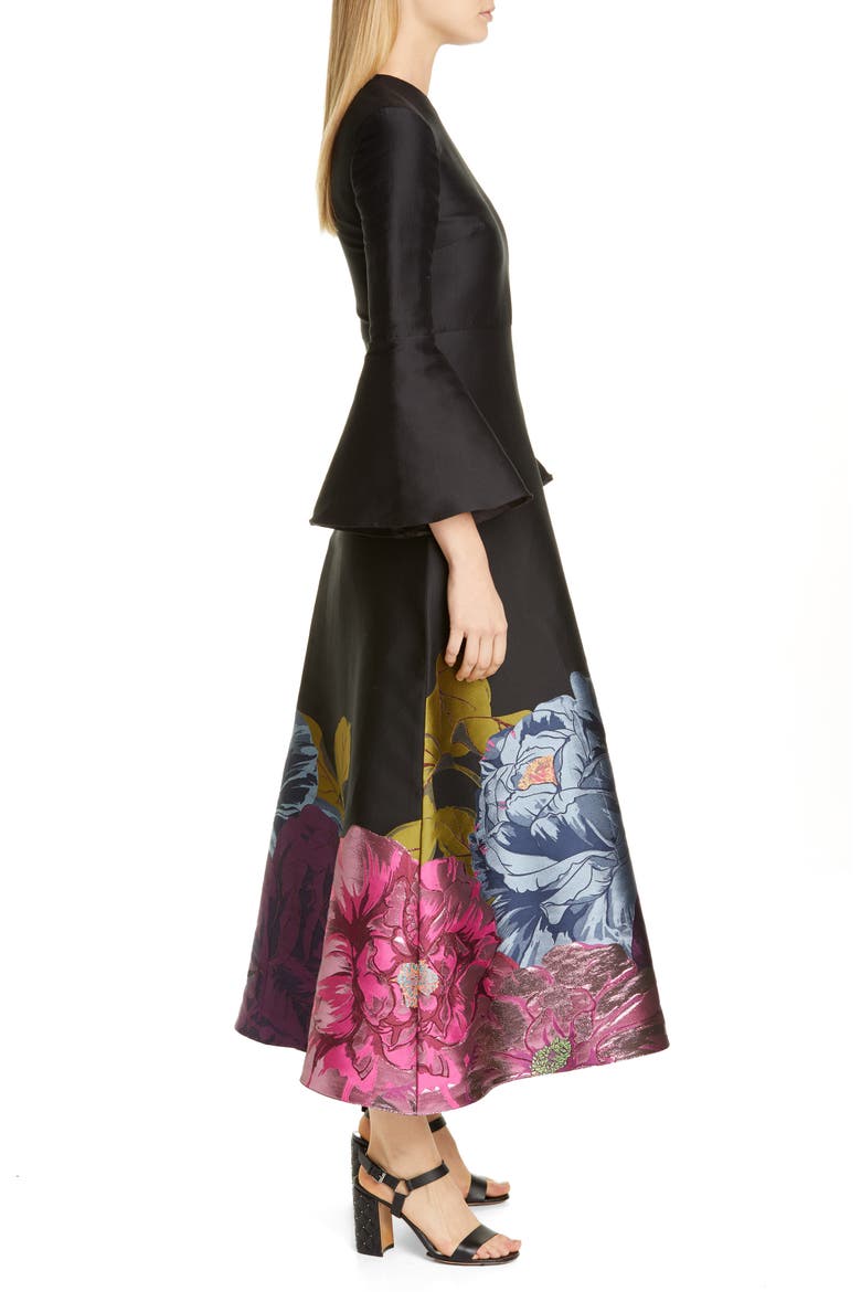 Long Sleeve Metallic Floral Brocade Tea Length Dress, Alternate, color, MULTICOLOR