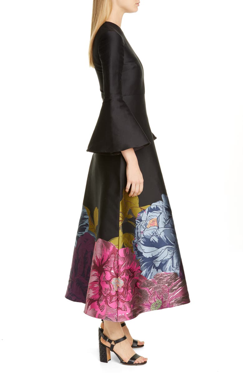 Valentino Long Sleeve Metallic Floral Brocade Tea Length Dress, Alternate, color, 