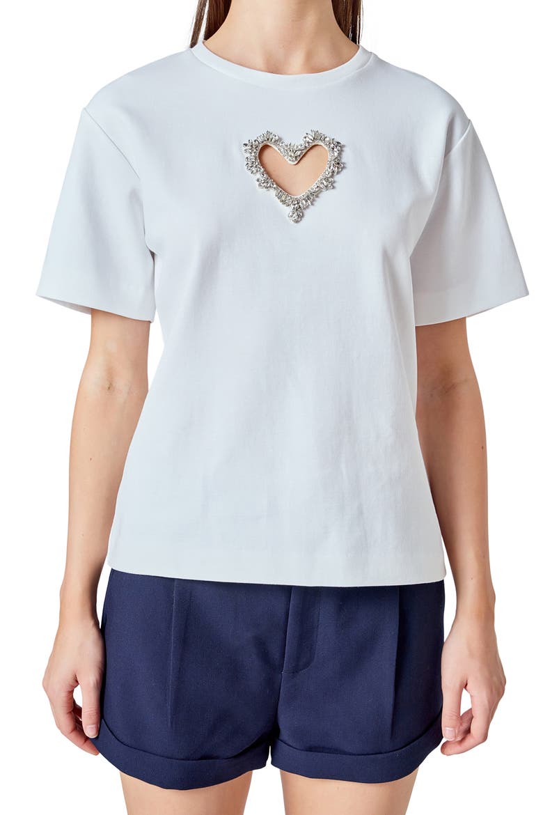 Rhinestone Trim Heart Cutout Relaxed Fit T-Shirt, Alternate, color, WHITE