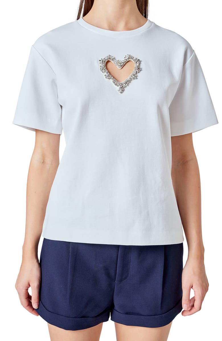 Endless Rose Rhinestone Trim Heart Cutout Relaxed Fit T-Shirt, Alternate, color, White
