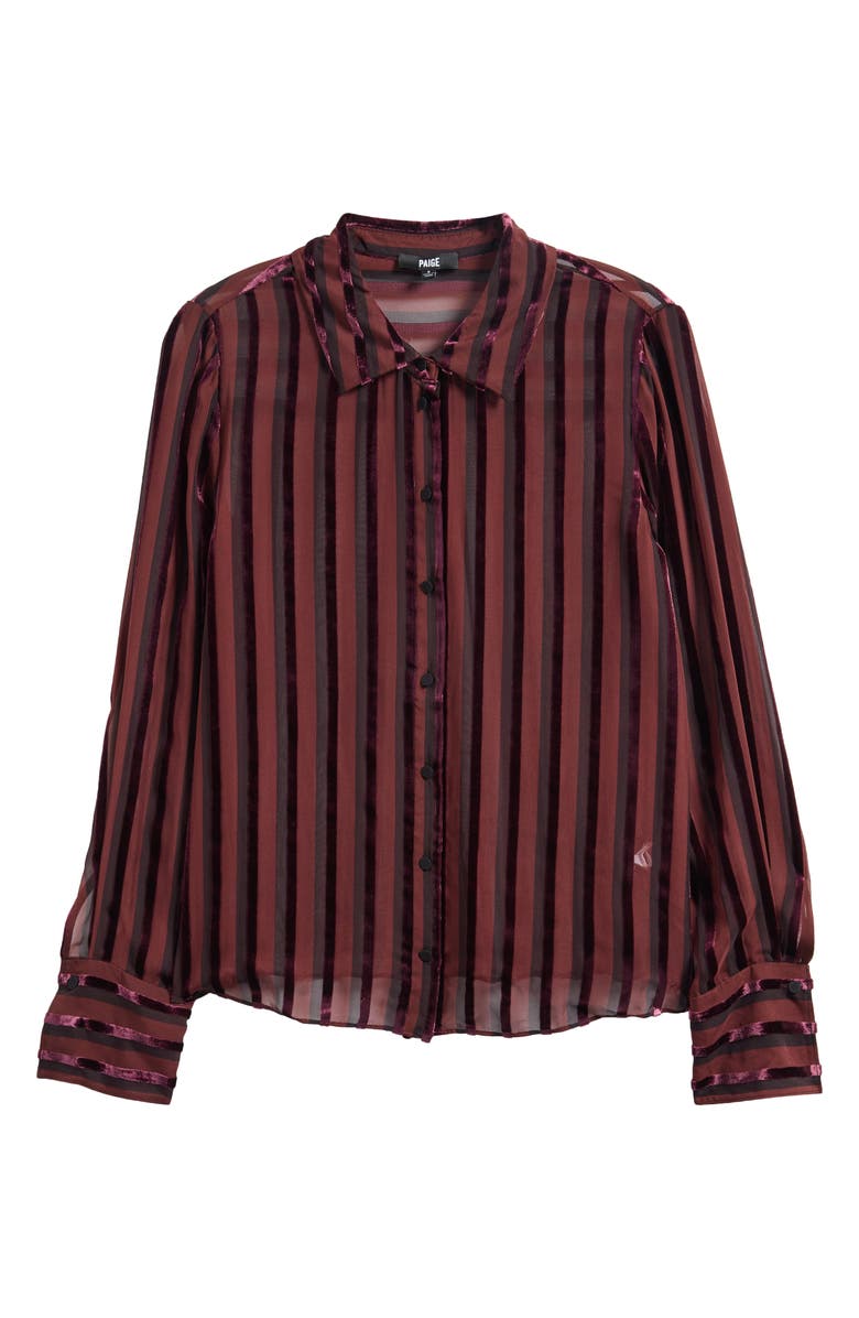 PAIGE Mazzy Velvet Stripe Sheer Silk Blend Button-Up Shirt, Alternate, color, Aubergine/ Black