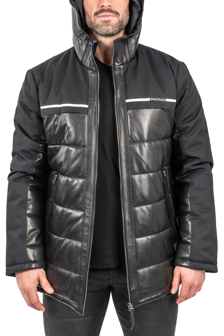 Mixed Media Leather Quilted Bomber Jacket, Main, color, BLACK