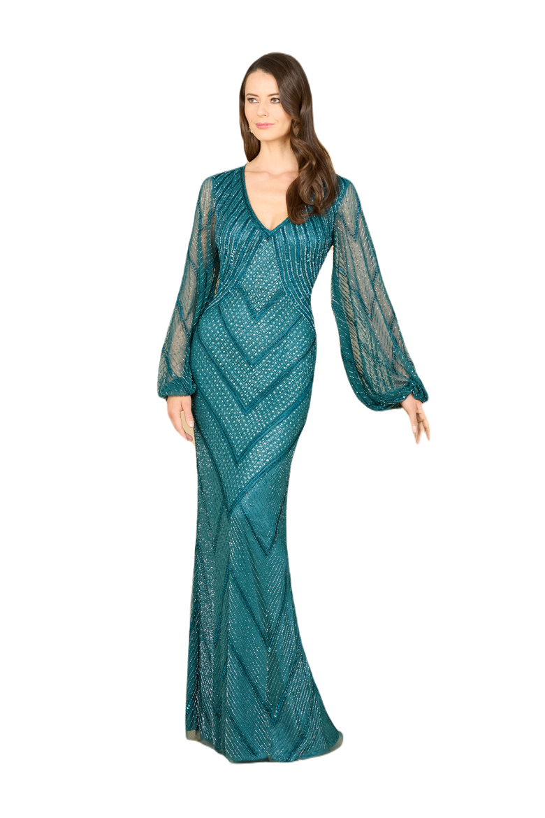 Long Sleeve Beaded Dress with Sheer Sleeves, Main, color, Teal