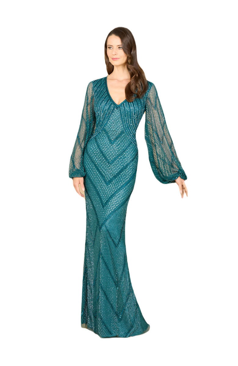LARA New York Long Sleeve Beaded Dress with Sheer Sleeves, Main, color, Teal