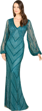 LARA New York Long Sleeve Beaded Dress with Sheer Sleeves