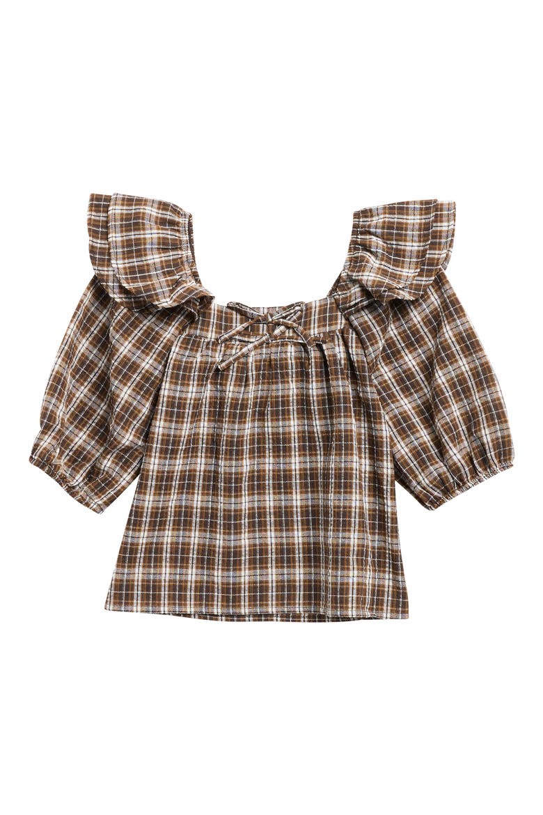 Kids' Plaid Ruffle Top, Main, color, BROWN