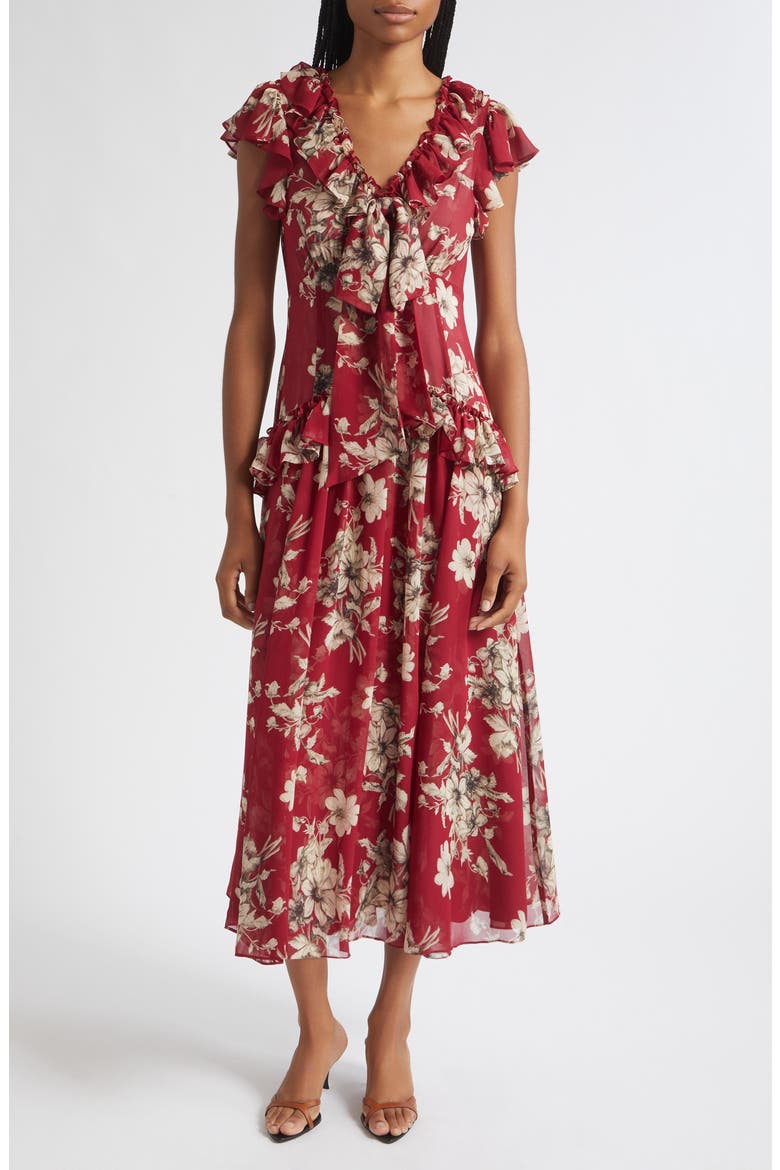 Sevi Hand-Sketched Floral Midi Dress, Main, color, BERRYWINE/ GARDENIA