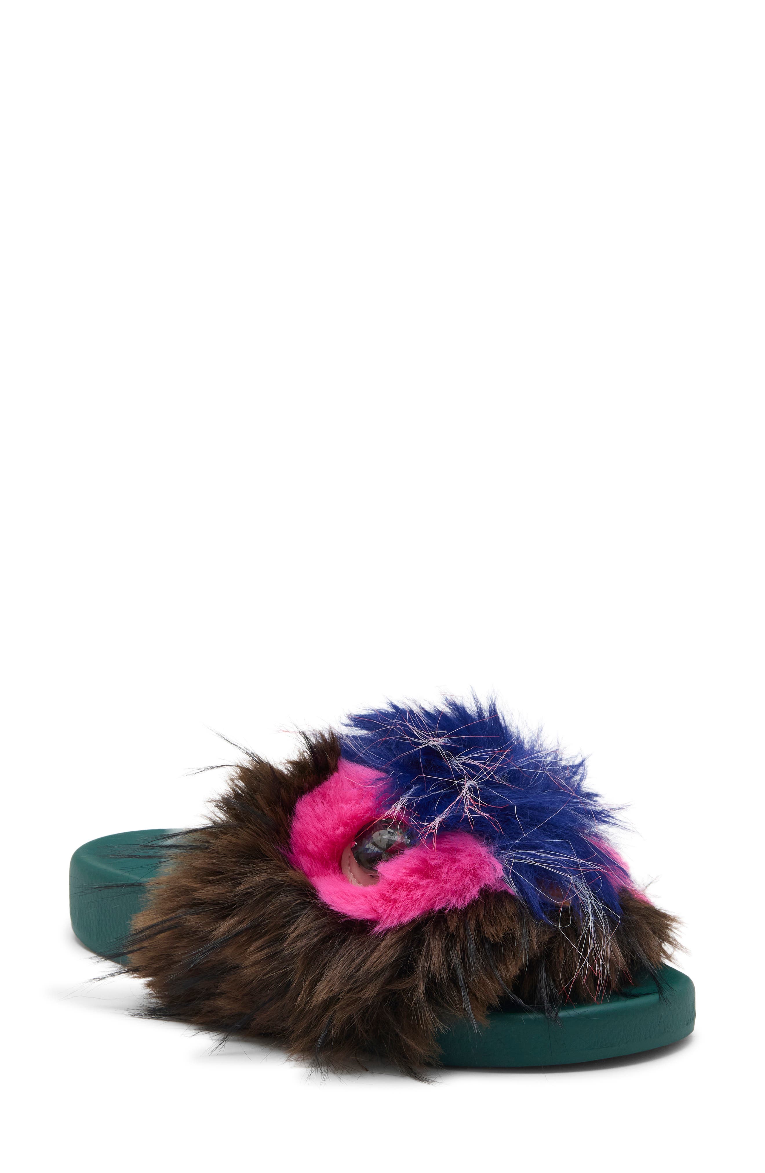 Meena Mascot Faux Fur Slide Sandal, Main, color, OPEN GREEN
