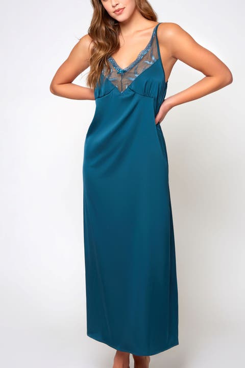 Satin Embroidered Mesh Long Nightgown