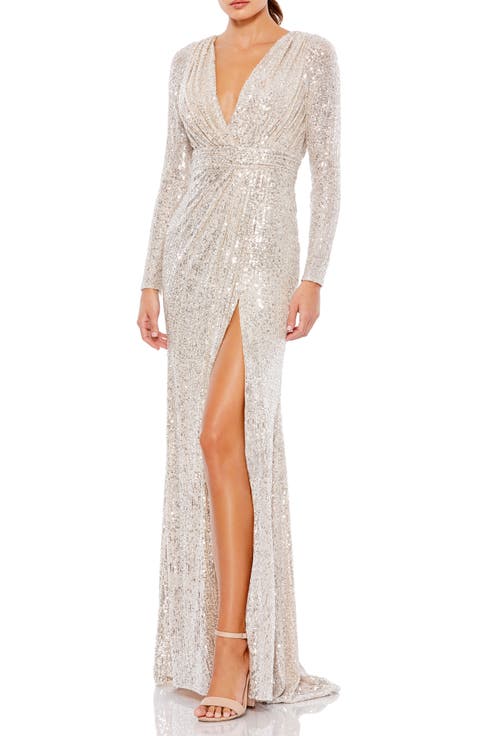 Sequined Long Sleeve High Slit  Gown