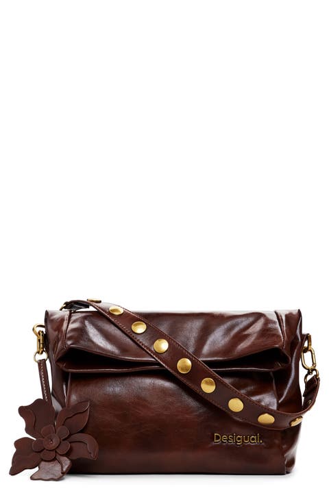 Faux Leather Flower Accent Shoulder Bag