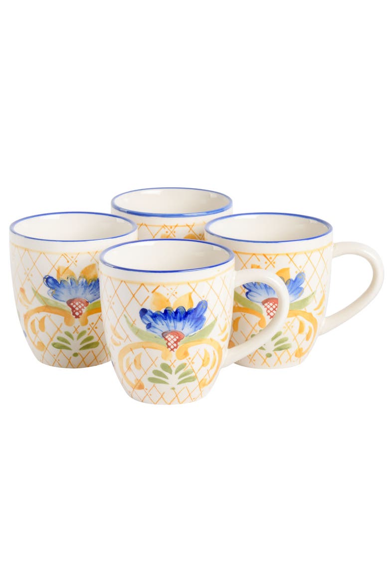 Tierra Tile 4 Piece 17.4 Ounce Hand Painted Stoneware Mug Set, Main, color, White and Multi
