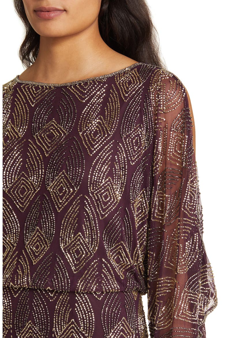 Beaded Cold Shoulder Cocktail Dress, Alternate, color, WINE