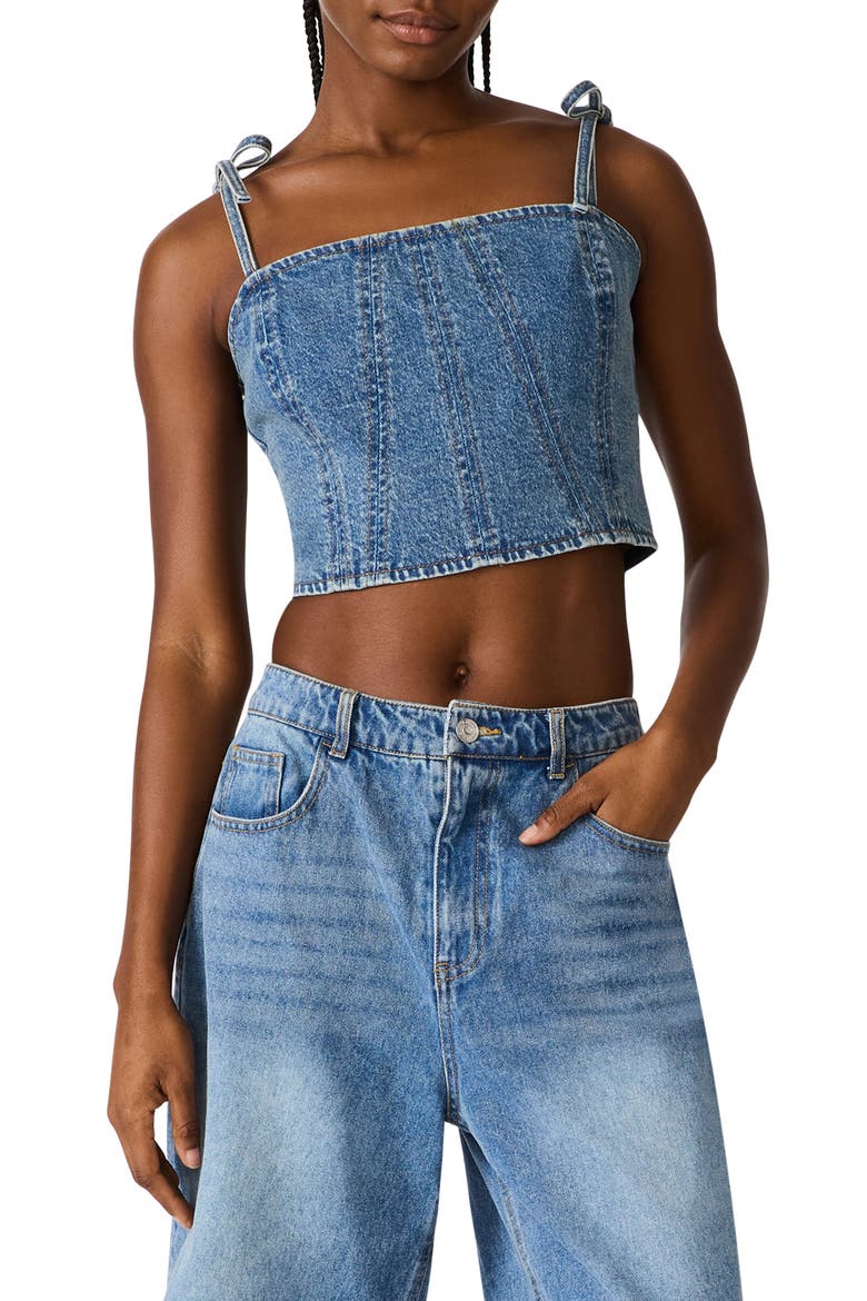 Meaghan Seamed Cotton Blend Denim Crop Top, Main, color, BLUE HEATHER