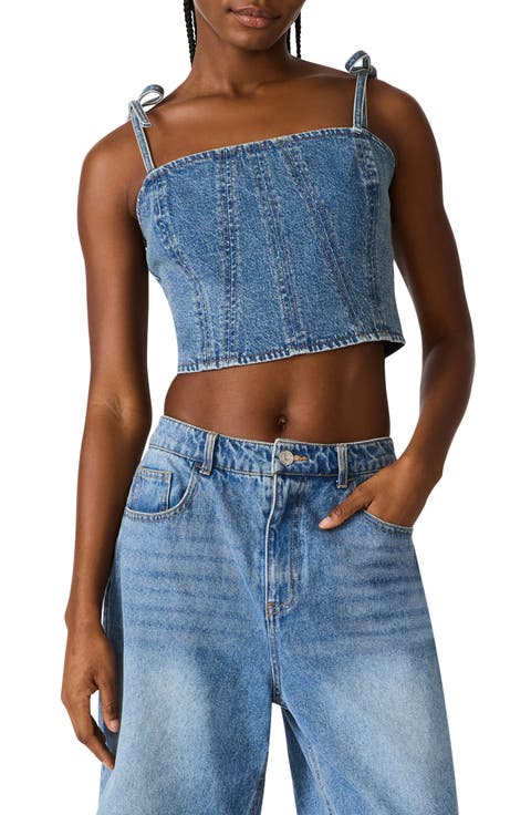 Meaghan Seamed Cotton Blend Denim Crop Top