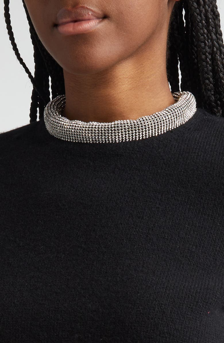 Alexander Wang Short Sleeve Crop Wool & Cashmere Sweater with Crystal Hotfix Tubular Collar, Alternate, color, 
