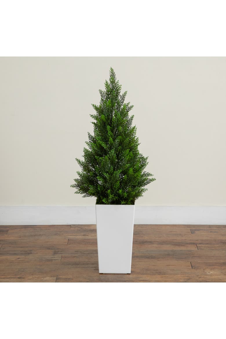3-ft UV Resistant Artificial Cedar Tree in White Tower Planter, Alternate, color, Green