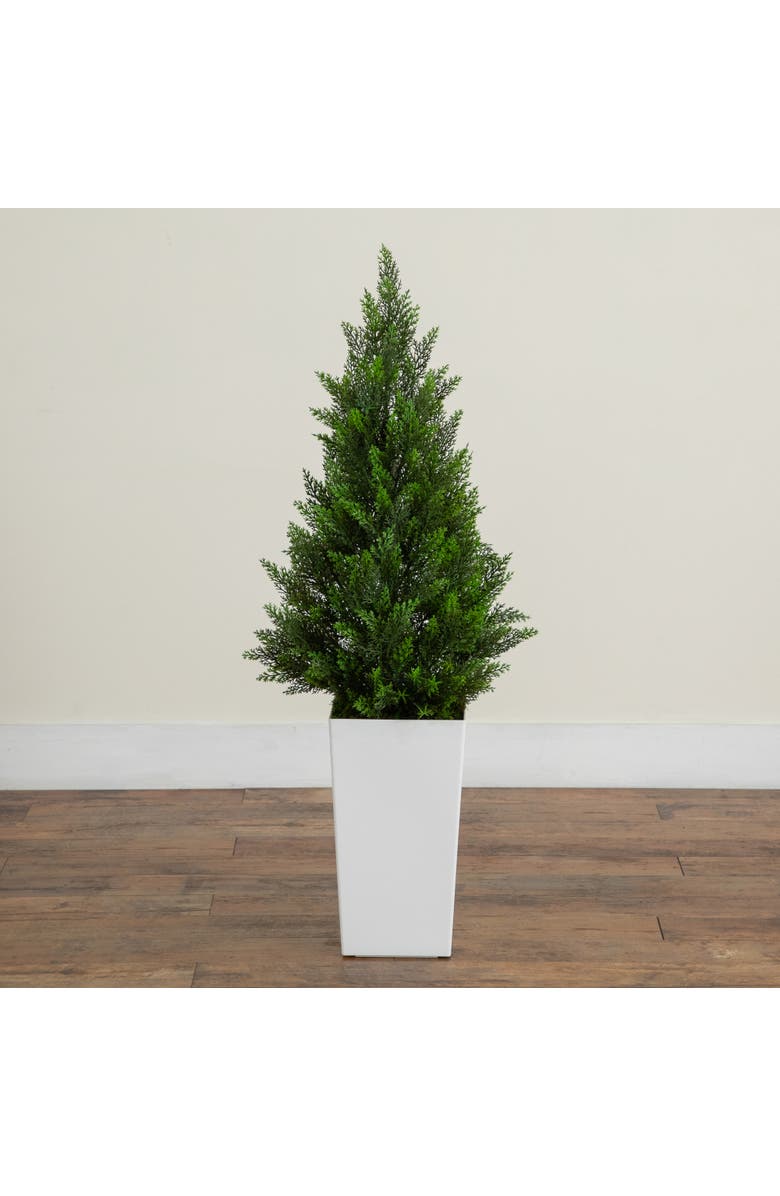 NEARLY NATURAL 3-ft UV Resistant Artificial Cedar Tree in White Tower Planter, Alternate, color, Green