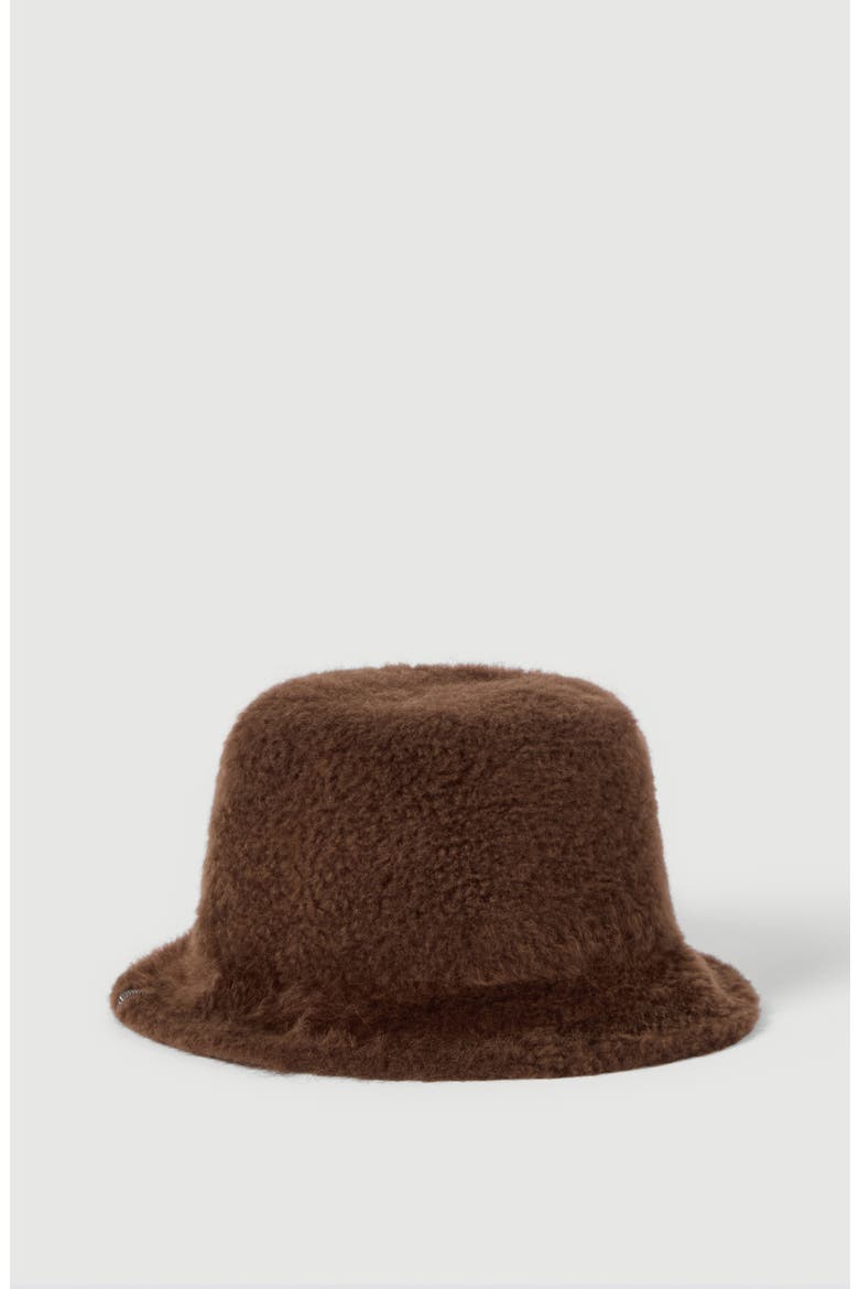 Soft fuzzy shearling bucket hat with shiny band, Alternate, color, Brown Gianduia