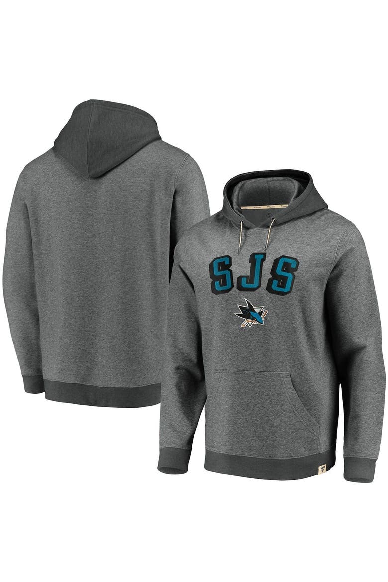 Men's Fanatics Branded Heathered Gray/Charcoal San Jose Sharks True Classics Signature Fleece Pullover Hoodie, Alternate, color, Heather Gray