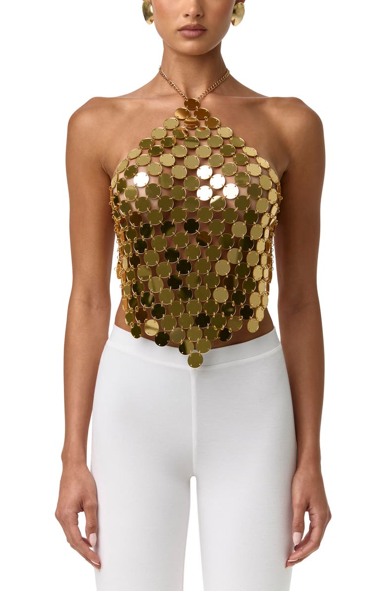 Naked Wardrobe Chain Link Mesh Sequin Top, Main, color, High Polish Gold