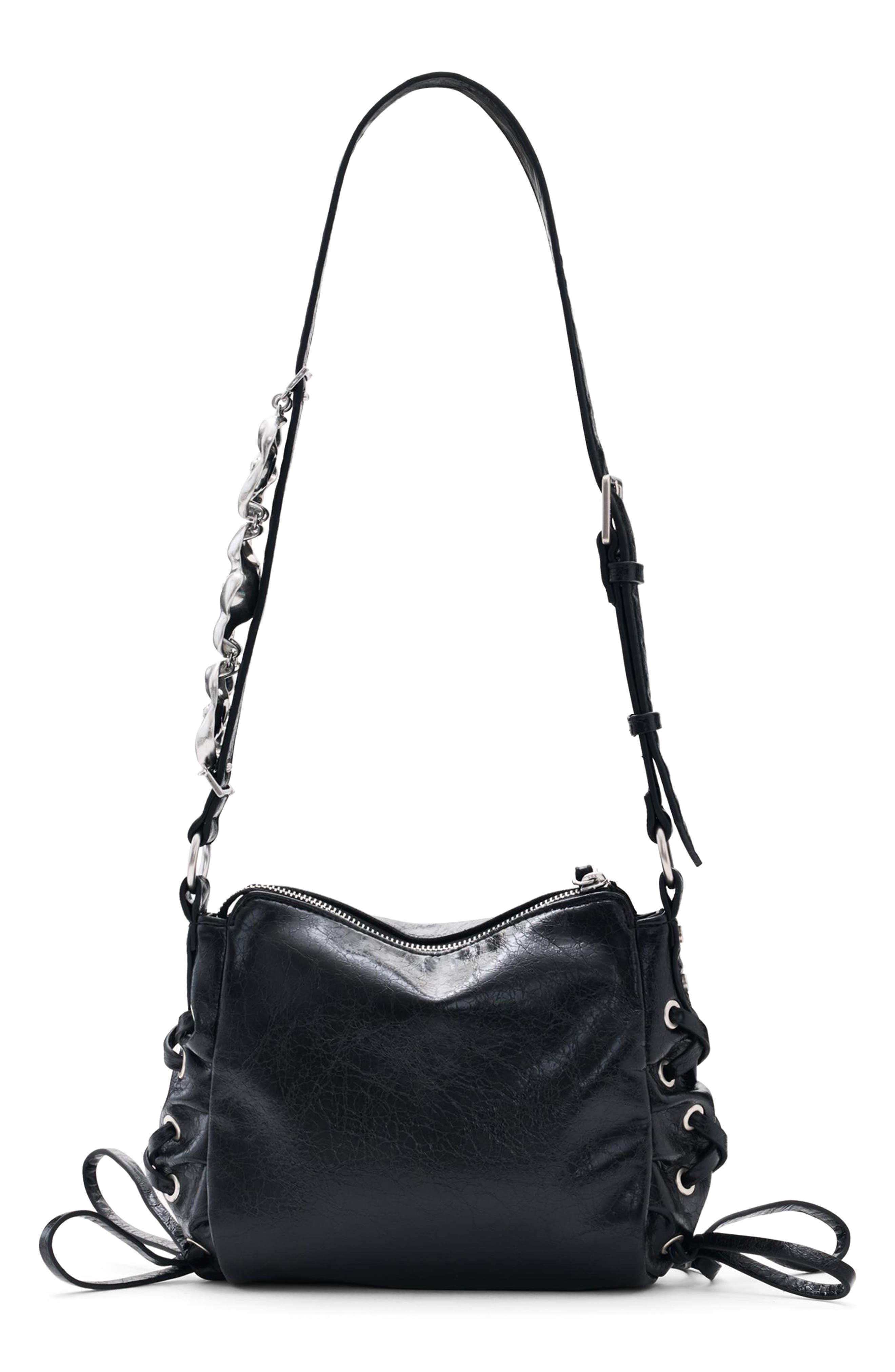 Large Charm Detail Faux Leather Crossbody Bag, Alternate, color, BLACK