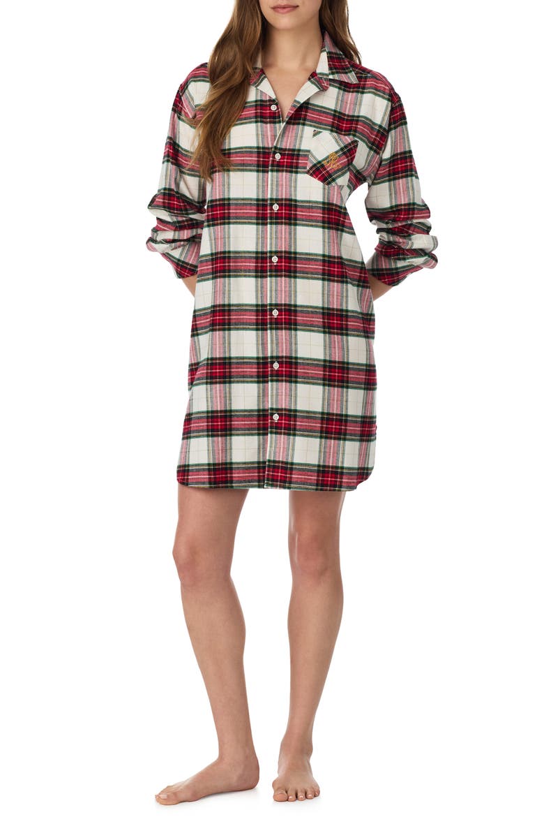 Plaid Long Sleeve His Shirt Sleep Shirt, Alternate, color, CREAM PLAID