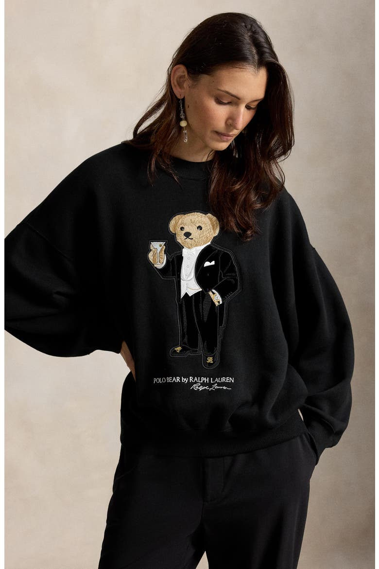 Martini Polo Bear Patch Fleece Crewneck Sweatshirt, Alternate, color, BLACK