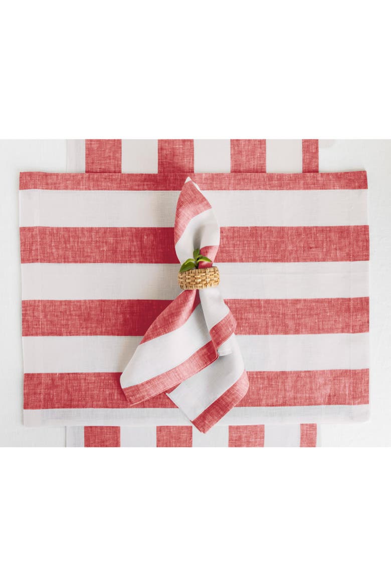 Linen Placemats Set of 4, 14 x 19" - Cabana Stripe, Alternate, color, Red and White