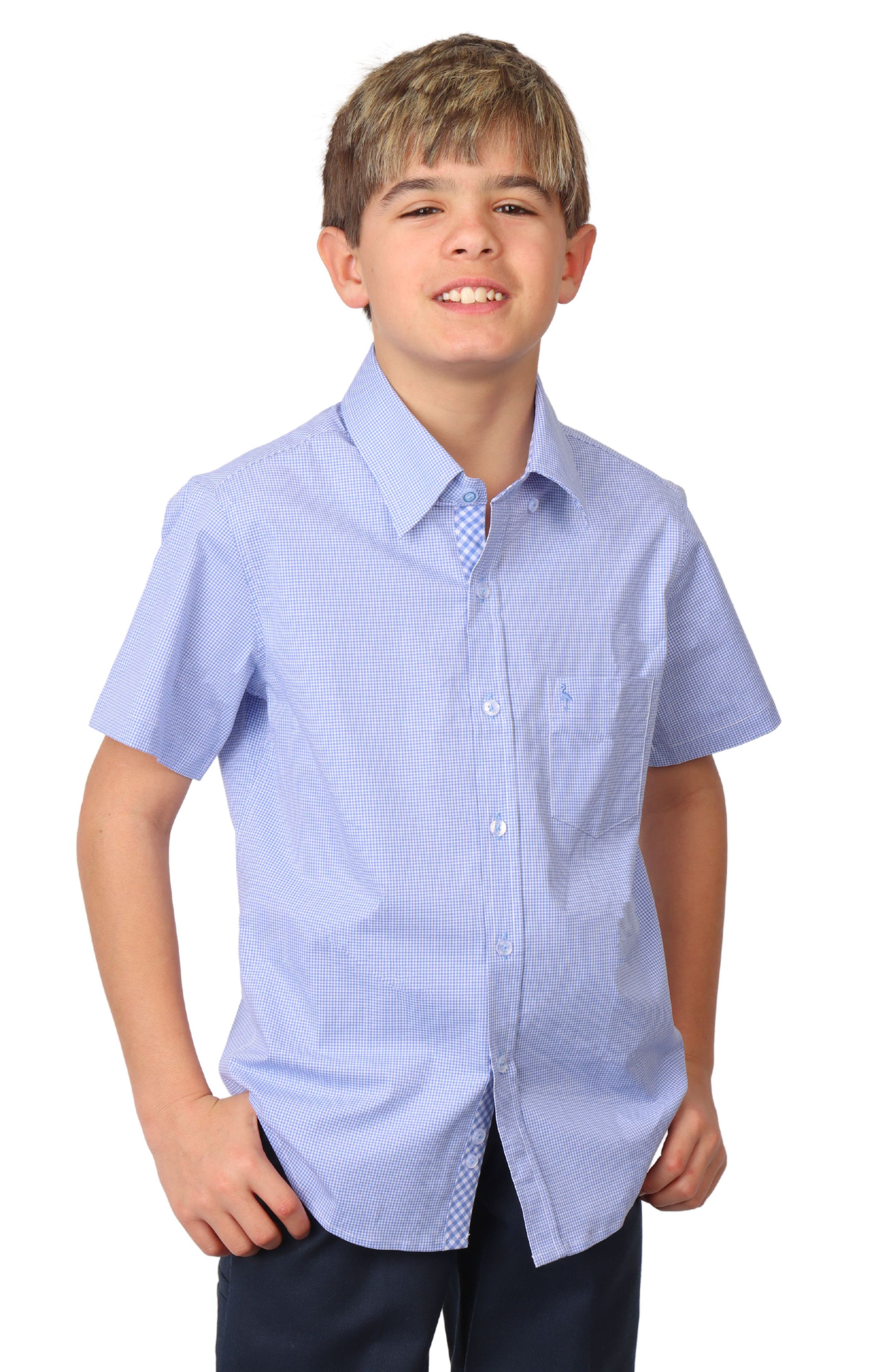 TailorByrd Kids' Micro Gingham Short Sleeve Stretch Cotton Button-Up Shirt