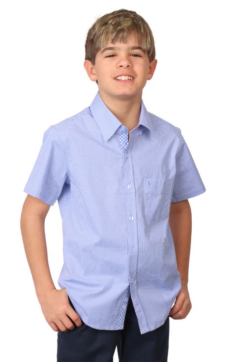Kids' Micro Gingham Short Sleeve Stretch Cotton Button-Up Shirt (Big Kid)