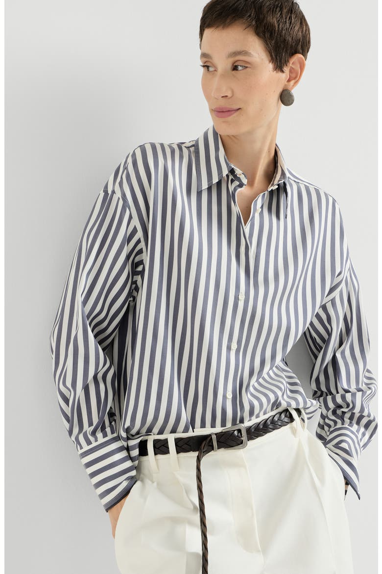 Wide stripe silk poplin shirt, Alternate, color, Denim