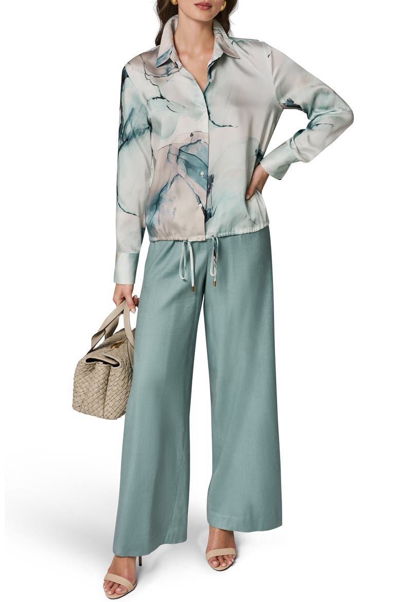 Printed Drawstring Hem Button-Up Shirt, Alternate, color, SKYLIGHT MULTI