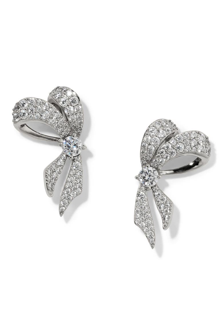 Small Eros Ribbon Bow Stud Earrings, Main, color, RHODIUM