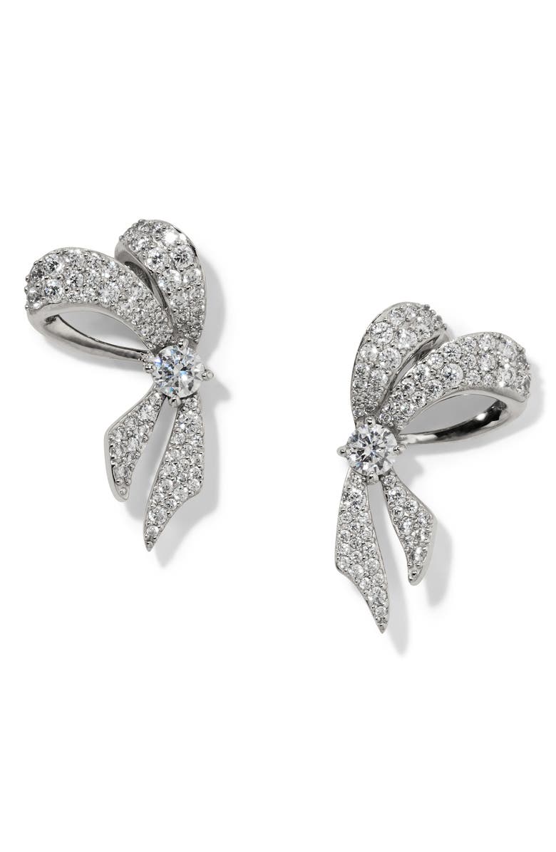 Nadri Small Eros Ribbon Bow Stud Earrings, Main, color, Rhodium