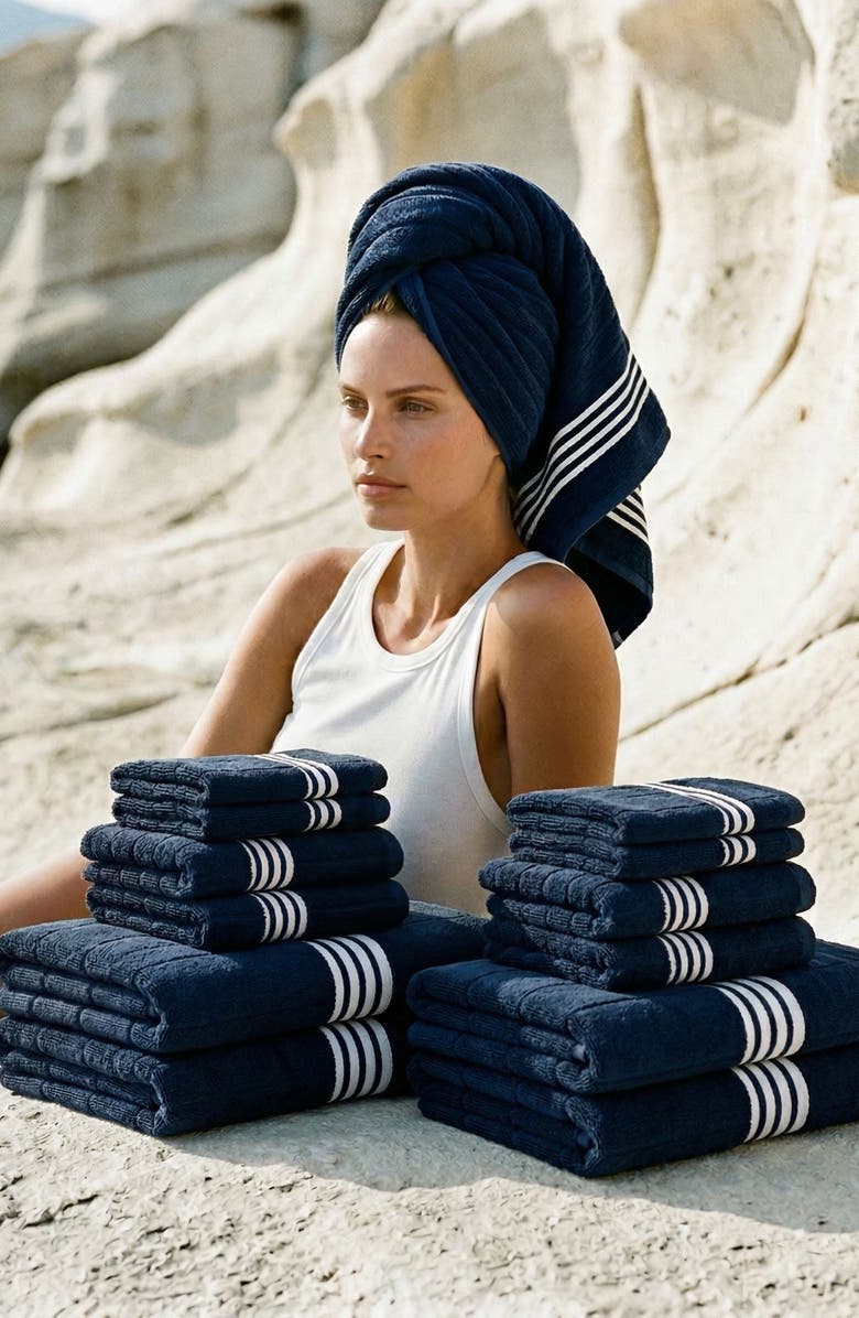 Italic Nautilus Bath Towel Family Set, Alternate, color, Navy / White