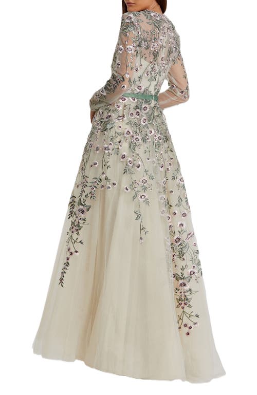 Mac Duggal Long Sleeve Embellished Gown In Sage Multi