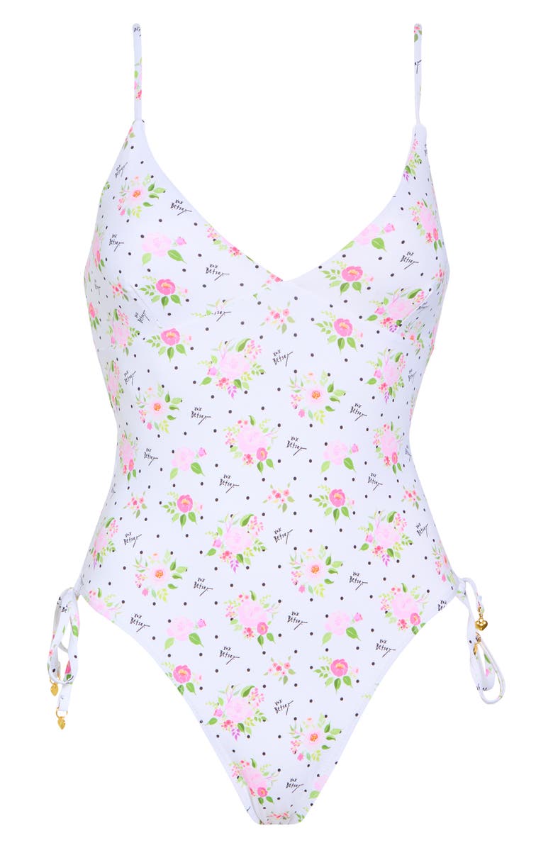 Betsey Johnson Side Tie V-Neck One-Piece Swimsuit, Alternate, color, White
