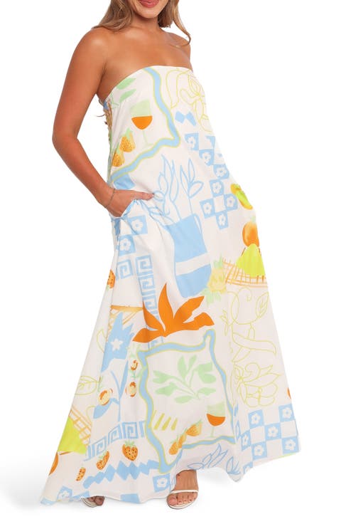 Kaelani Printed Strapless Cotton Maxi Dress