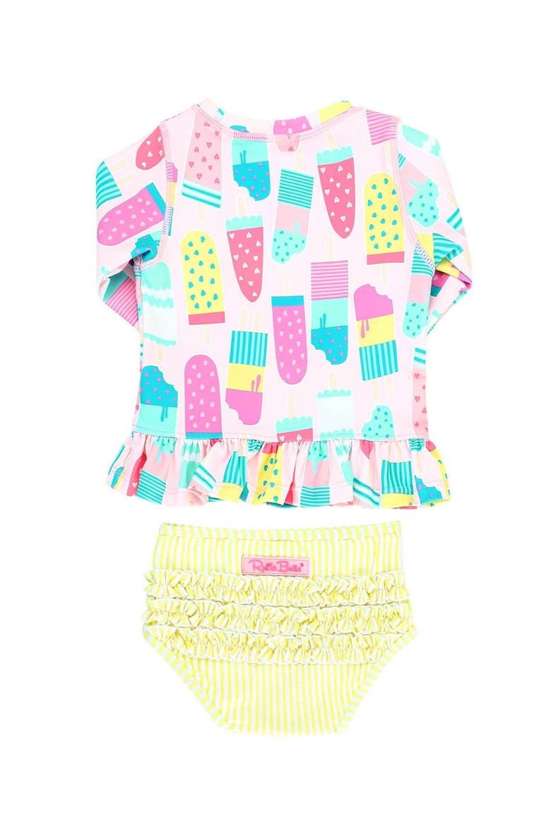 Toddler Girls Long Sleeve Ruffle Hem UPF50+ Rash Guard Bikini, Alternate, color, Ice Cream Social
