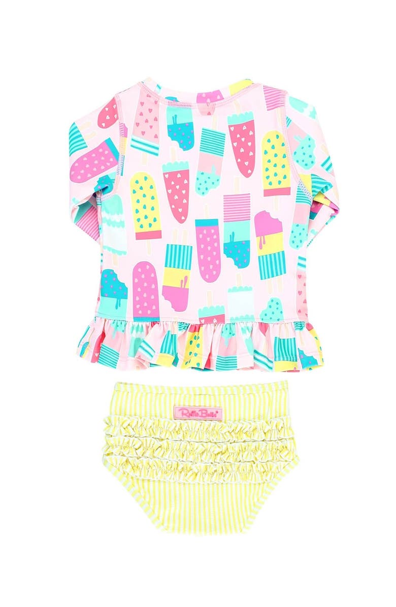 RuffleButts Toddler Girls Long Sleeve Ruffle Hem UPF50+ Rash Guard Bikini, Alternate, color, Ice Cream Social