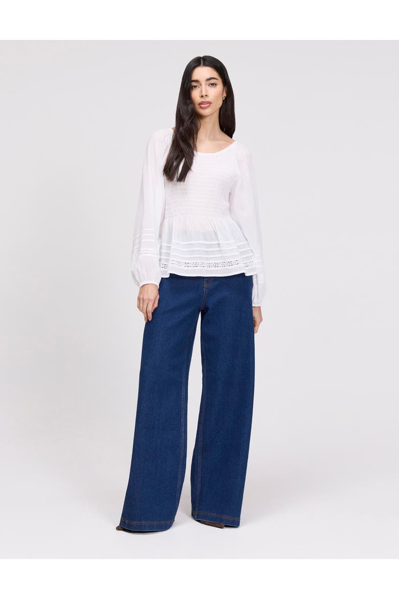 Jennie Shirred Long Sleeve Cotton Top, Alternate, color, White